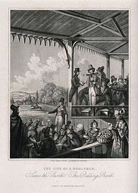A nobleman surrounded by bookmakers places bets at a horse-race. Aquatint after H. Dawe, 184-.