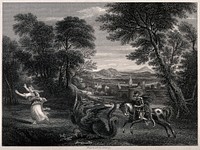 Saint George on horseback wearing armour is about to kill the dragon with his lance. Engraving by S. Lacey after D. Zampieri, il Domenichino, ca. 1835.