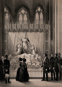 Louis-Philippe, King of France, visiting the monument to Princess Charlotte in St. George's Chapel, Windsor. Lithograph by A.J. B. Bayot after E.H.T. Pingret, 1846.