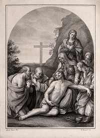 The deposition of Christ from the cross; the holy women mourn. Drawing by F. Rosaspina, c. 1830, after L. Massari.