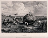 People loading corn on to a horse-drawn cart at harvest-time. Engraving by J. Cousen after J. Linnell.