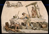 One man is holding a large wooden structure as another works at a stone bench, two further people are moving a heavily laden trolley. Coloured etching.