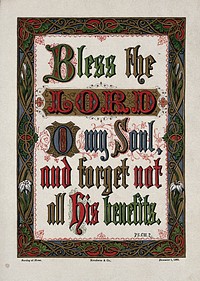 A quotation from the psalms with a border of lilies. Chromolithograph.