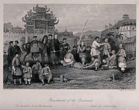 A Chinese man lying on the ground, with a man seated on his back and another holding his feet, is being beaten. Engraving by W. Wetherhead, 1858, after T. Allom.