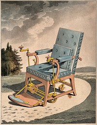 Merlin's mechanical chair for the elderly or infirm: the design incorporates hand-cranks, wheels, gears and an adjustable back and footrest. Coloured etching with aquatint, 1811.