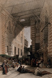 The bazaar of the silk mercers in Cairo with a man smoking a long-stemmed pipe. Coloured lithograph by L. Haghe, c. 1848, after D. Roberts.