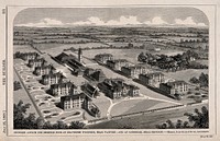 Asylum for Imbecile Poor, proposed for Leavesden Woodside, near Watford, and Caterham, Surrey: bird's eye view. Wood engraving by W.C. Smith, 1868, after J. Giles & Bivan.