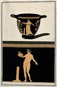 Above, red-figured Greek bowl (skyphos) decorated with a woman holding a dish; below, detail of decoration showing a naked man holding a duck. Watercolour by A. Dahlsteen, 176- .