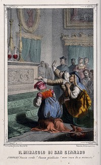 Saint Januarius: worshippers demand that his blood be turned green or yellow as a miracle. Coloured lithograph by G. Castagnola.