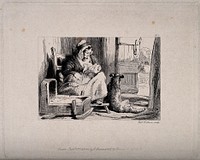 A woman breast feeding her baby, with a dog sitting next to them in a rural setting. Etching by C. Lewis, 1848, after Sir E. Landseer, 1837.