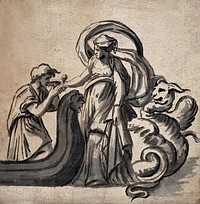 A woman with billowing drapery standing before a coiled serpent as she offers a cup to a young man in a barge. Pen and ink drawing.