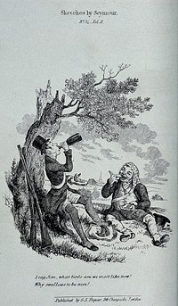 Two stockbrokers out shooting game in Hornsey Wood have a picnic: one of them compares them to swallows, as they awallow food and a bottle of sherry. Lithograph after R. Seymour.