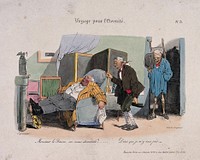 Death pays a visit to a baron. Lithograph by Langlumé after Jean Grandville.