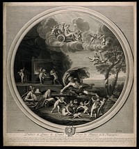 Vulcan in his forge with Jupiter throwing bolts of lightning, Venus in the sky above: symbolising the element fire. Engraving by E. Baudet, 1695, after F. Albani.