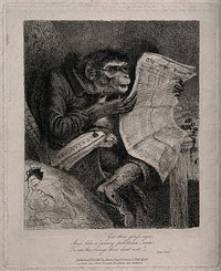 A monkey wearing spectacles reads the Times newspaper, with the Examiner under his arm, sitting beside a globe. Etching by T. Landseer, 1827.