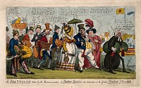 King George IV and entourage laden with provisions, about to embark from Brighton in the Royal Yacht; representing the extravagant monarch's distressed retreat from England at the time of the Queen's trial. Coloured etching by R. Cruikshank, 1820.