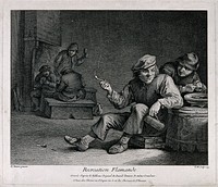 A man sits on a low box with smoking pipe and tankard in hand; others in the room smoke and drink. Engraving by T. Major, 1745, after D. Teniers.