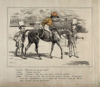 Lord Rosebery as a racehorse-owner conversing with his trainer (William Patrick Adam) about the prospects of a horse ridden by Gladstone, dressed as a jockey. Engraving after L. Sambourne, ca. 1880.