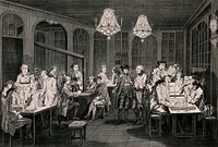 Men are sitting at tables in a club room in which the tables are lit by candles: some of the men are playing board games, others are drinking and reading. Etching.