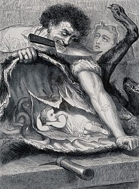 Little Red Riding Hood: a man with a knife in between his teeth is tearing open the entrails of a wolf, inside which Little Red Riding Hood is reclining; a woman crying in the background. Wood engraving by H. Linton after H. de Montaut, ca. 1865.