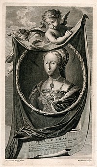 Lady Jane Grey: her portrait in a medallion before a shroud held by two putti . Engraving by C. Vermeulen after A. van der Werff, ca. 1730.