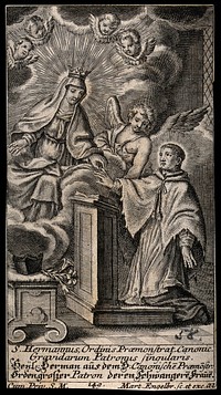Saint Hermann Josef of Steinfeld as patron of pregnant women. Engraving by M. Engelbrecht, 17--.