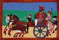 An indian ruler leading his troops to battle seated in his carriage. Gouache drawing.