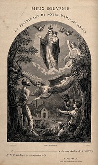 Pilgrimage to the church of Notre-Dame-des-Anges: the Virgin sends an angel to liberate three travellers. Wood engraving by T. Hildibrand after Joannès Bertrand.