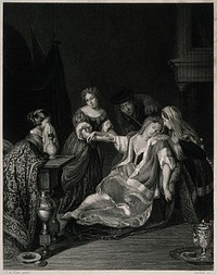 A surgeon tending a woman who has just fainted after bloodletting; she is supported by female members of her family. Engraving by Garlieb after Eglon Hendrik van der Neer.