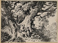 An old man and a child are seated under a tree; dog sleeping on the ground. Lithograph by R. Corbould, 1802.