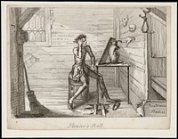 A poor painter seated at a canvas contemplates suicide. Etching by T.L. Busby, ca. 1826.