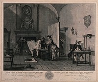 A guardroom: an officer holds up a map to show to a man smoking a long pipe, another man sits at a writing desk, others talk in the doorway. Engraving by J. Houbraken after C. Troost.