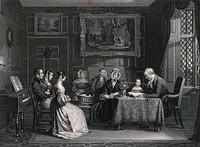 A family group in their drawing room at evening prayer with the father reading from a large volume. Engraving by W. Holl after E. Prentis.