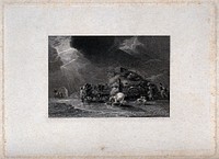 A thunderstorm, with rain beating down on travellers in a mountain pass. Engraving by H. C. Shenton after L. Clennell.