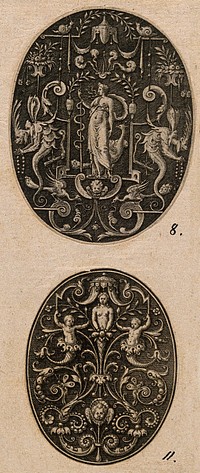 A bare-breasted woman, girt with fruits, flanked by putti standing in in cornucopias. Engraving by J. Th. De Bry, ca. 1580-1600.