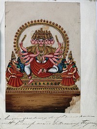 Kartikeya, also called Murugan, Hindu god of war, surrounded by a circle of peacock feathers, accompanied by his wives Valli and Devasena. Gouache painting by an Indian artist.