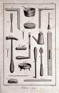 Glass: the tools used for making and glazing windows. Engraving by R. Bénard after Bourgeois.