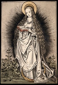 Saint Mary (the Blessed Virgin). Coloured drypoint by J. Crawhall, 1852.
