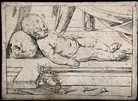 The sleeping infant Christ is surrounded by the instruments of the Passion and symbols of death; representing the forthcoming Passion. Engraving after G. Reni.