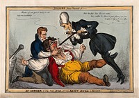 A large John Bull being held down and force-fed by Peel and Wellington; representing the idea of the Catholic emancipation as a breach of the constitution. Coloured etching by W. Heath, 1829.