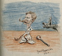 Henry Solomon Wellcome. Pen and coloured pencil drawing by F. Reynolds, 1902.