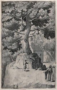 Monks on mount La Verna; bell hung on a tree. Etching by R. Sciaminossi after J. Ligozzi, ca. 1612.