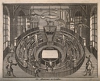 Anatomy Theatre, Leiden, the Netherlands. Line engraving.