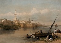 The ferry to Gîza across the Nile, Egypt. Coloured lithograph by Louis Haghe after David Roberts, 1849.