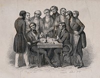 A crowd watches as two men gamble; representing the phrenological faculty of acquisitiveness. Steel engraving by L.A. Portier, 1847, after H. Bruyères.