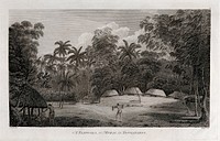 A fiatooka, or burial place, on Tongatapu island. Engraving by W. Ellis, 1784, after J. Webber, ca. 1783.