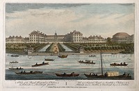 The Royal Hospital, Chelsea: aerial view of the building and grounds looking from the Surrey side of the busy river. Coloured engraving by T. Bowles the younger after himself.