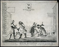 Two medicine vendors, their wives, cats and dogs arguing about the merits of their antiscorbutic pills. Etching by J. Bretherton after H.W. Bunbury, 1774.