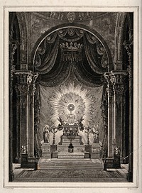 The altar of the Royal Archconfraternity of the Forty Hours: the Host in glory above the altar, surmounted by a baldachin. Engraving by P. Hortigosa after J. Abrial.