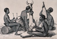 Four Sudanese musicians playing drums and wind instruments. Wood engraving by H.T. Hildibrand after O. Mathieu after G. Schweinfurth.